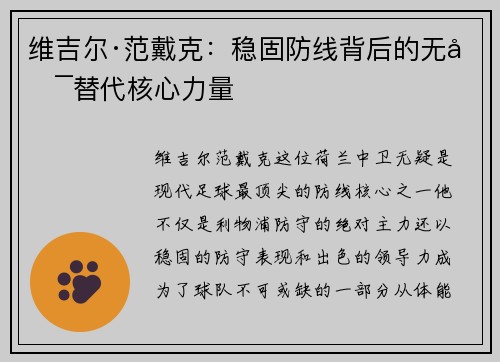 维吉尔·范戴克：稳固防线背后的无可替代核心力量