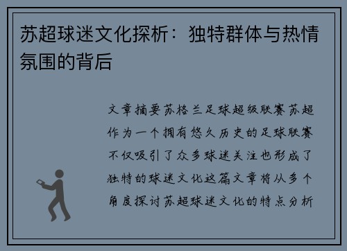苏超球迷文化探析：独特群体与热情氛围的背后